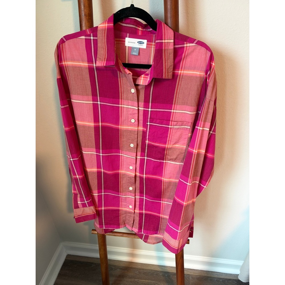 Old Navy Boyfriend Shirt Womens Medium Pink Orange Plaid Button Down Cotton Top